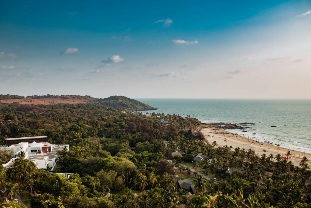 Goa Trip Guide 2026: Budget, Beaches, Itinerary & Activities Aerial view of lush greenery and Mandrem Beach coastline under a clear sky in Goa, India.