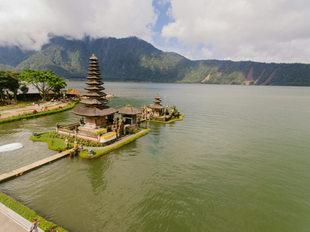 Bali Trip Guide 2026 – Best Places, Budget, Hotels & Things To Do A stunning aerial view of Pura Ulun Danu Bratan Temple situated by a serene lake in the highlands of Bali, Indonesia.